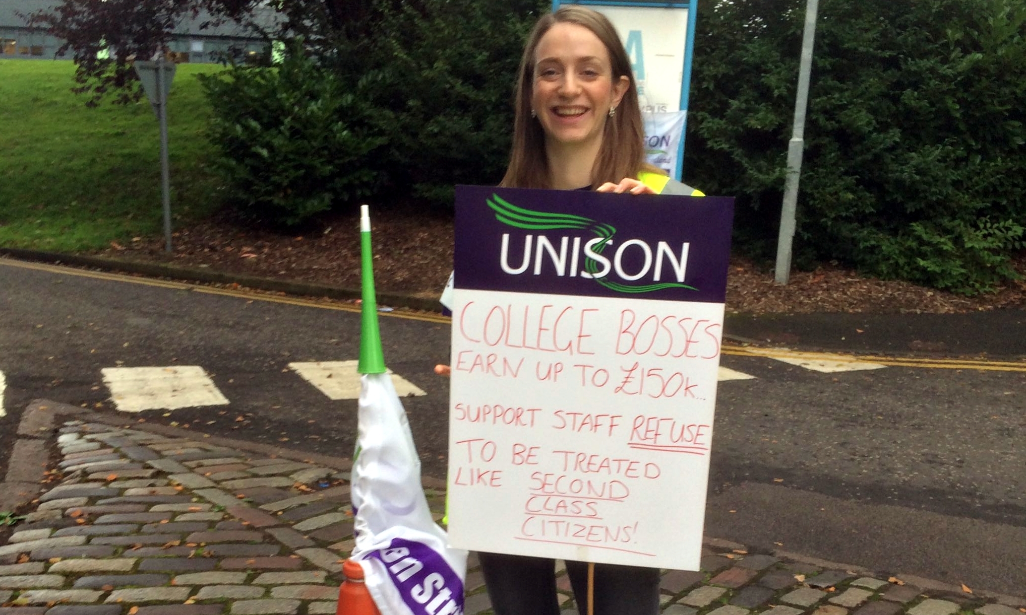 A striking college worker outside Dundee & Angus College.