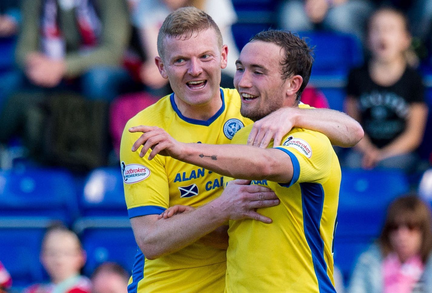 Chris Kane celebrates his goal with Brian Easton.