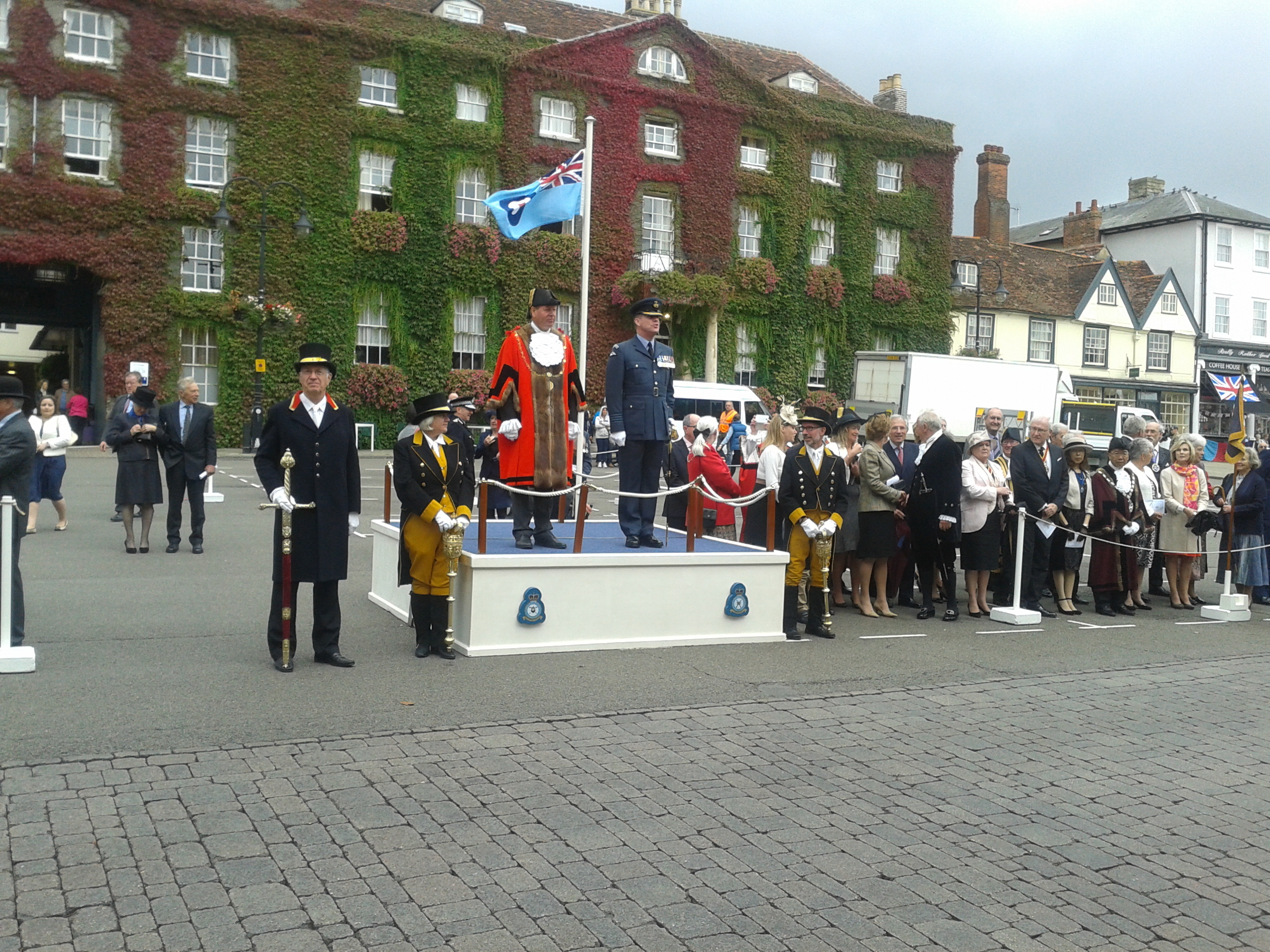 Councillor Everitt (on left of the podium) during Battle of Britain celebrations in Bury St Edmunds.