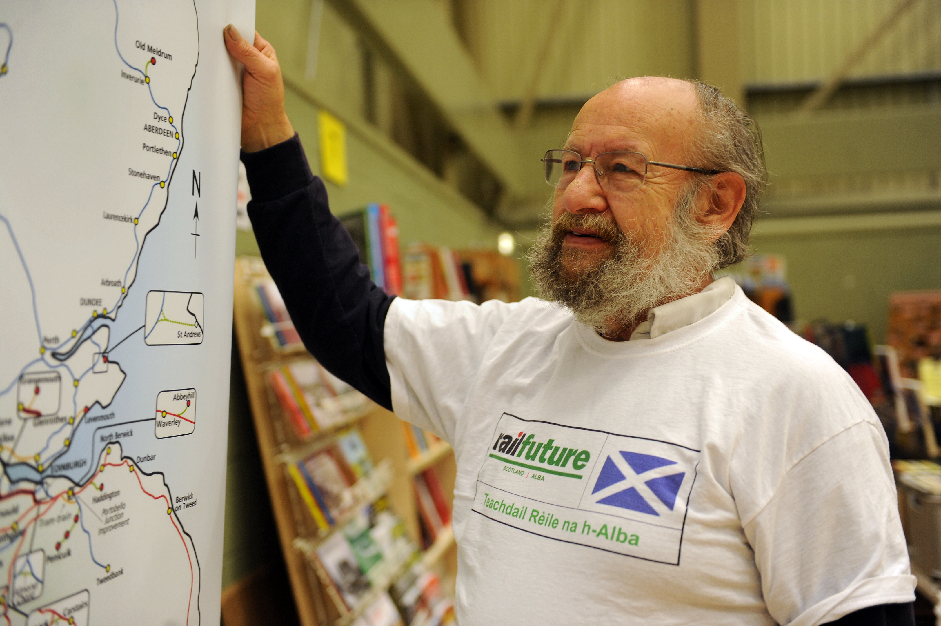 Roderick McDogall, vice Chairman of Railfuture (Scotland) with the plans on Saturday