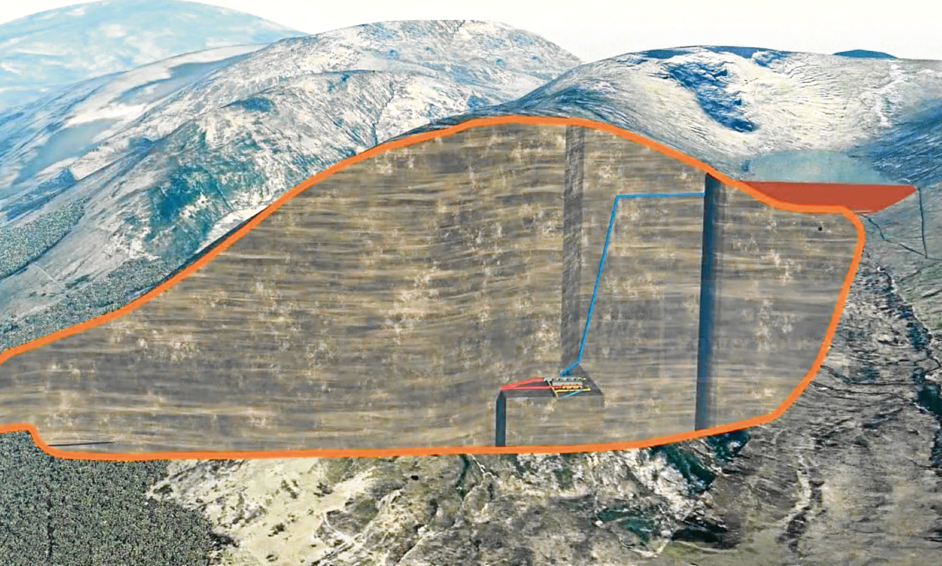 A cross section of SSEs Coire Glas pumped hydro storage development showing the scheme's workings extending from a planned new reservoir.