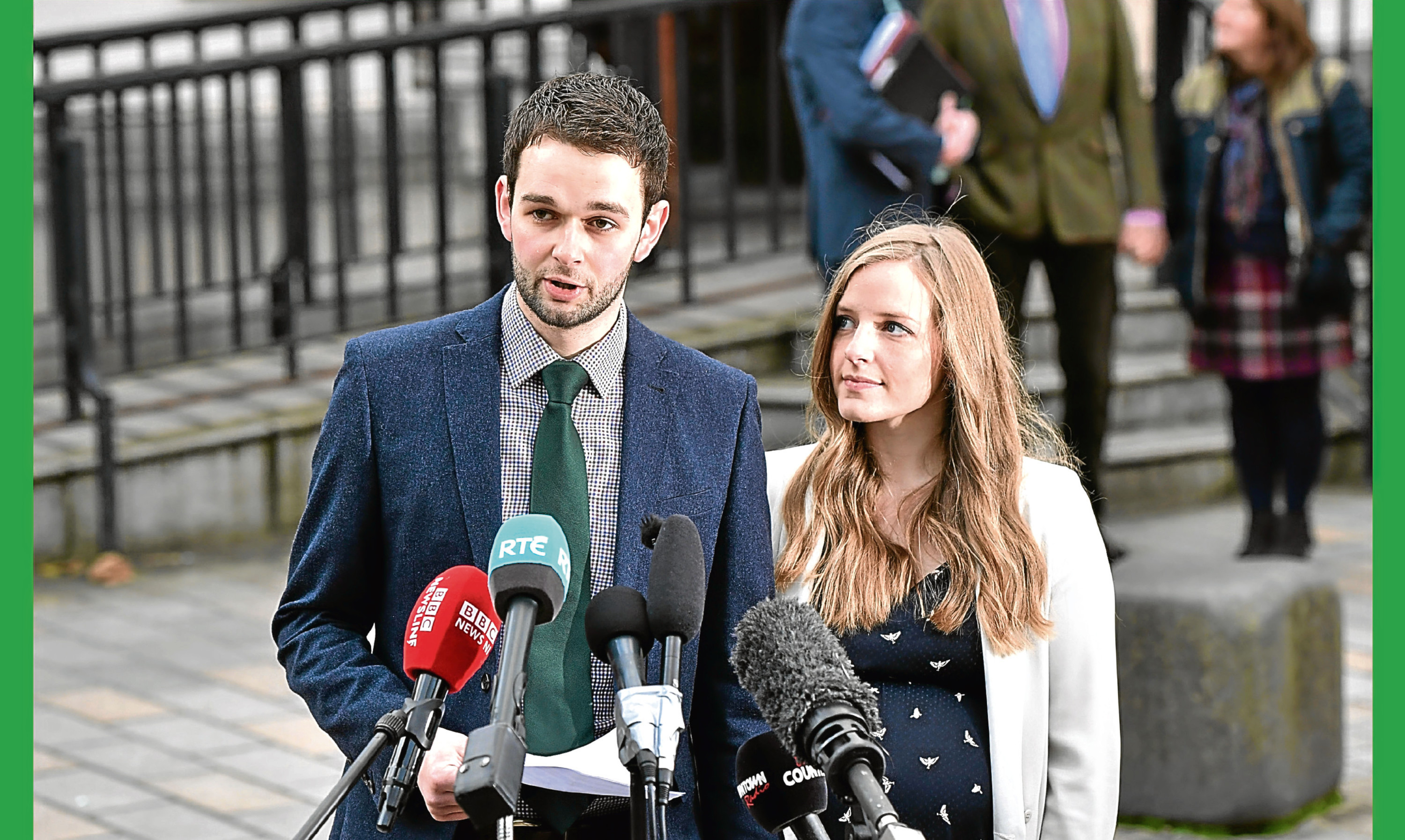 Daniel McArthur, managing director of Ashers Bakery and his wife Amy McArthur speak outside Belfast high court.