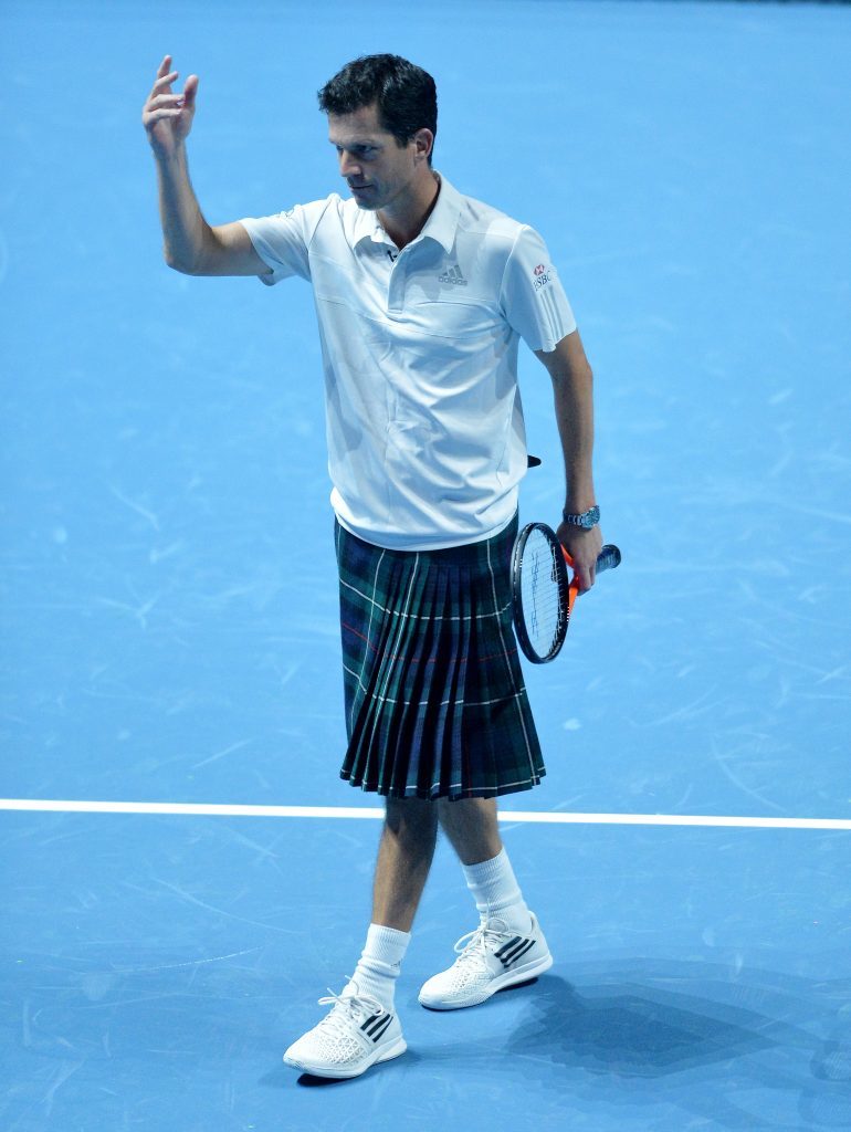 Tim Henman of England wearing a kilt during Andy Murray Live.
