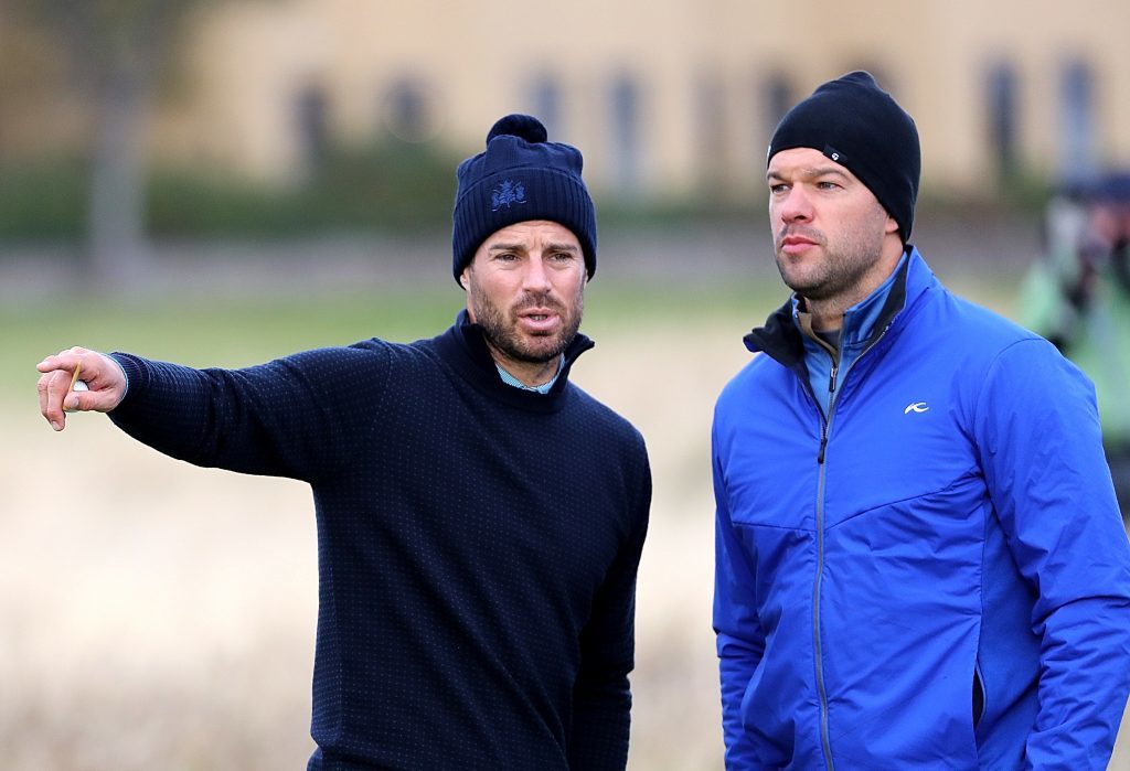 Jamie Redknapp and Michael Ballack on the second tee of the Old Course on Thursday