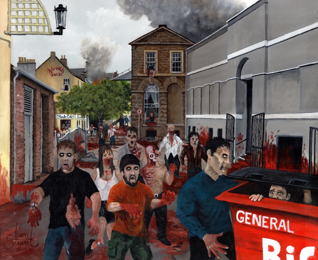 Zombies on the rampage in Arbroath's Market Square is one of Liam's paintings.