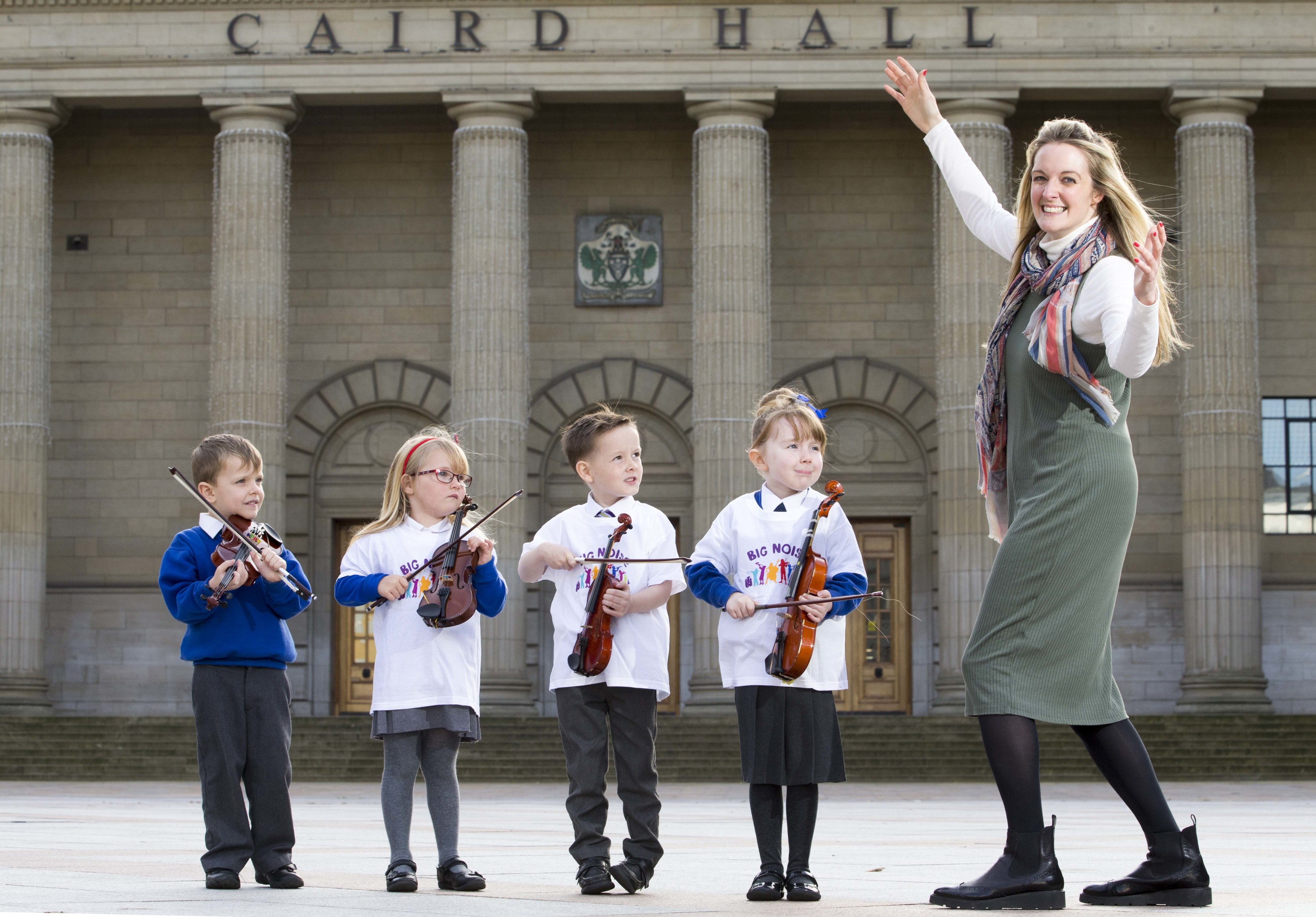 Douglas pupils with Nicola Killean, CEO of Sistema Scotland