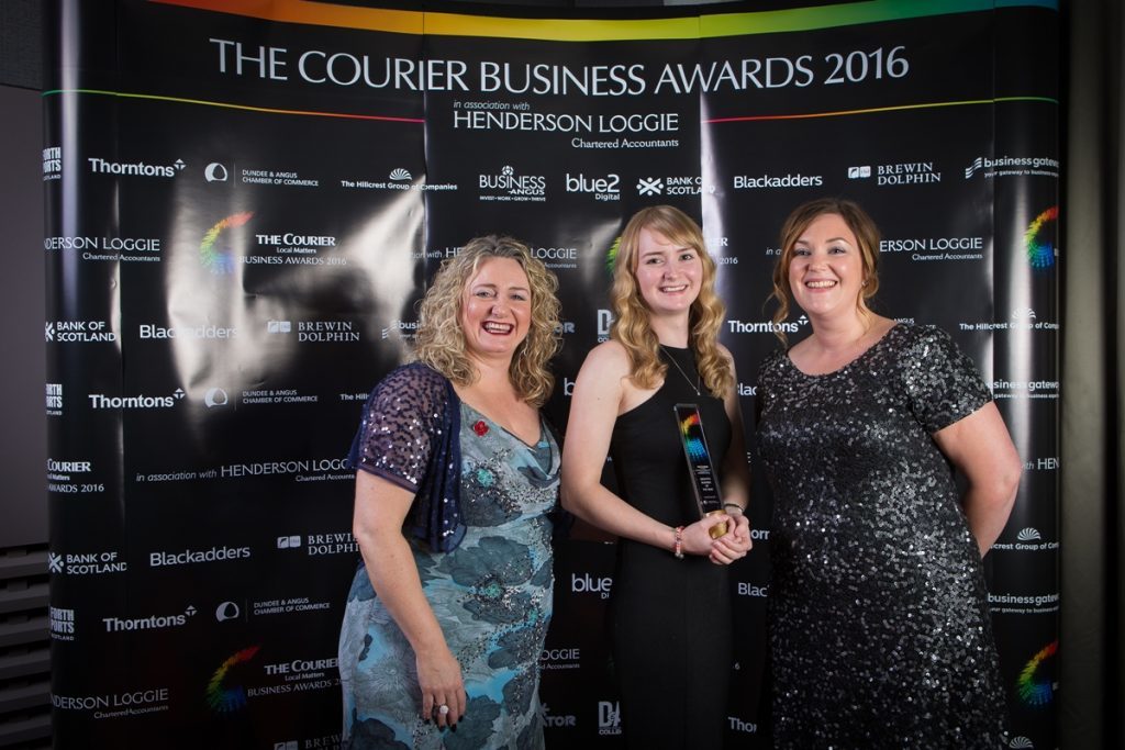 Courier Business Awards 2016: Growth Business of the Year: Journeycall. Award presented by Alison Henderson (left) of Dundee & Angus Chamber of Commerce.
