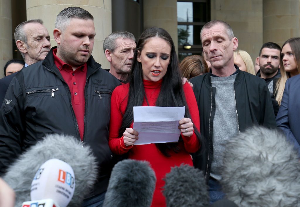Pamela Munro, the mother of 15-year-old Paige Doherty who was murdered by shop owner John Leathem, speaks outside the High Court in Glasgow alongside her husband Andy Munro (left)