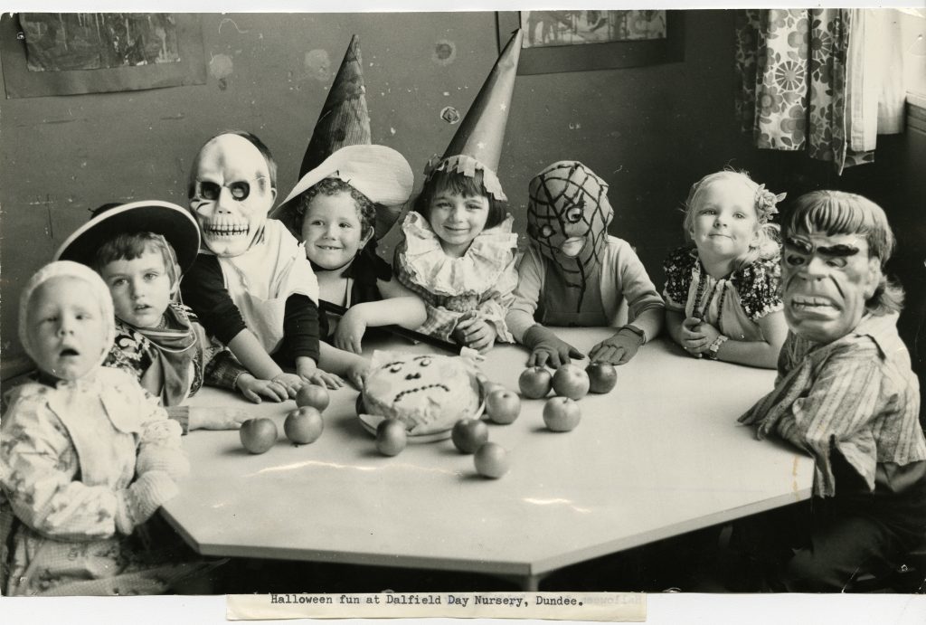 Children enjoying Halloween at Dallfield Day Nursery, Dundee. October 31, 1978.