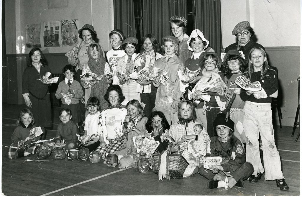 Brownies of the 43rd Pack Dundee at their Halloween Party on 31 Oct 1976. Also in the photo are Brown Owl Margaret Thomson, Tawny Owl Sheila Bisset and Pack Leaders Audrey Howie and Wendy Grant.