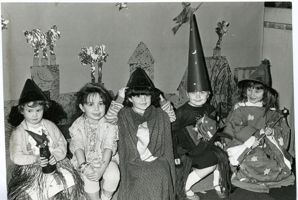 Lochgelly Sun Flower Nursery Halloween Party. Children are Kylie Stewart, Ann Marie Martin, Carrie Hynd, Alison Carmichael, Claire Fidoe. 31 October 1986.