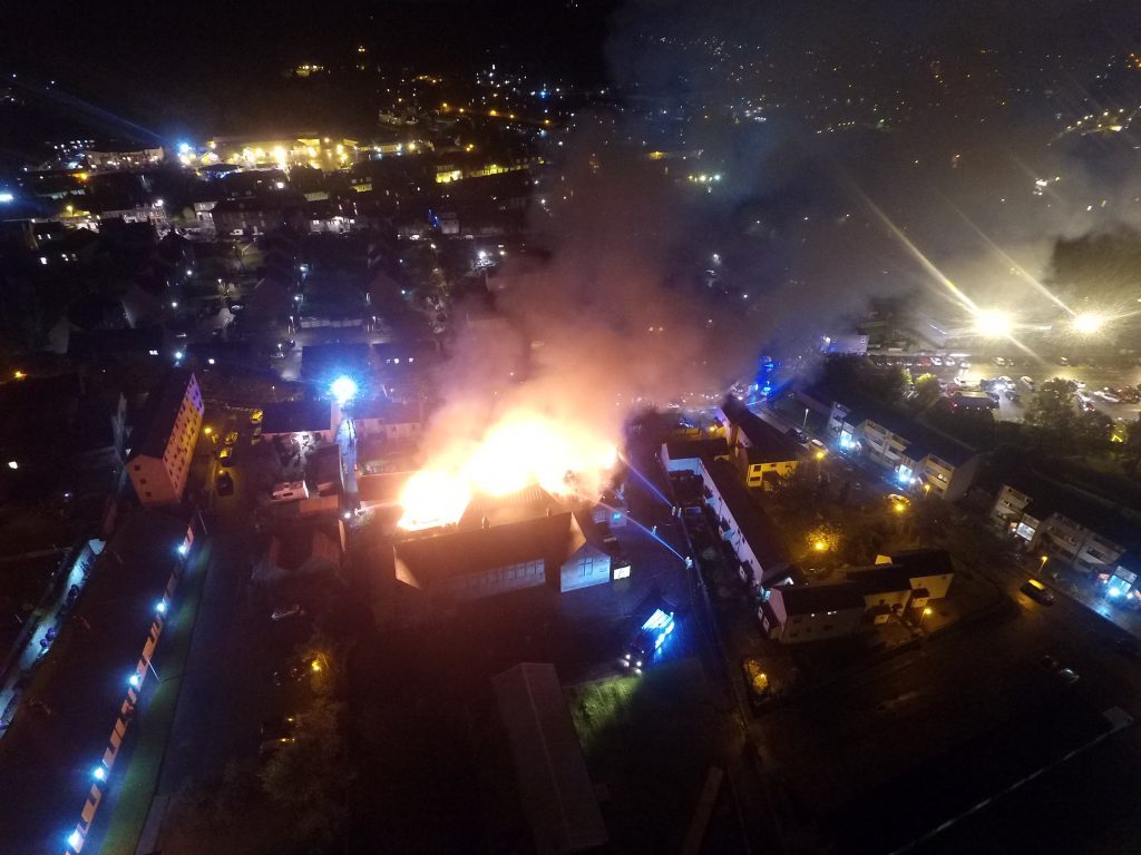 The view from above the blazing school building