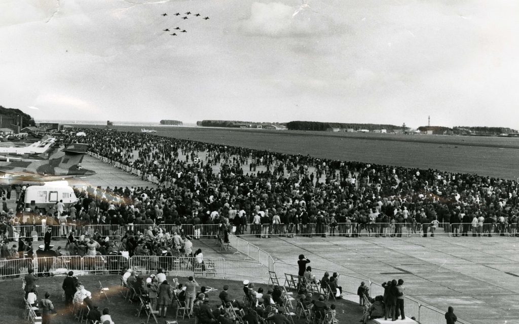 The 23 Squadron and Phantoms of the 23 Squadron "flypast" the large crowds at RAF Leuchars air show.  20 September 1975.