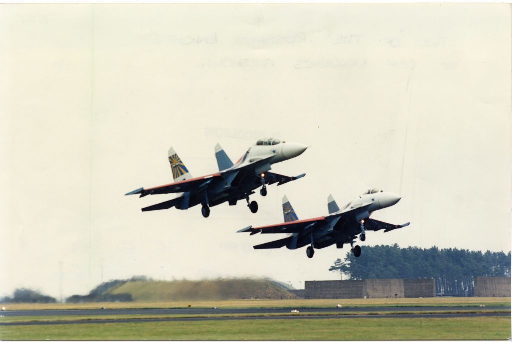 Two of the 'Russian Knights' air acrobatic display team of the Russian Air Force at RAF Leuchars airshow.  21 September 1991.