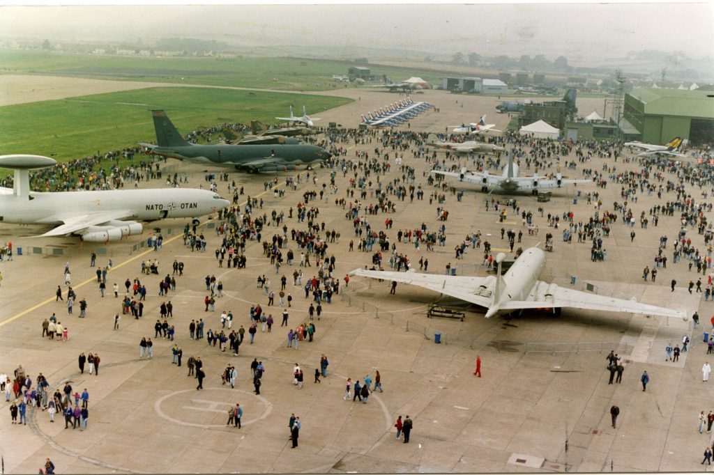 Crowds on the tarmac around the static military aircraft at RAF Leuchars airshow.  19 Setpember 1992.