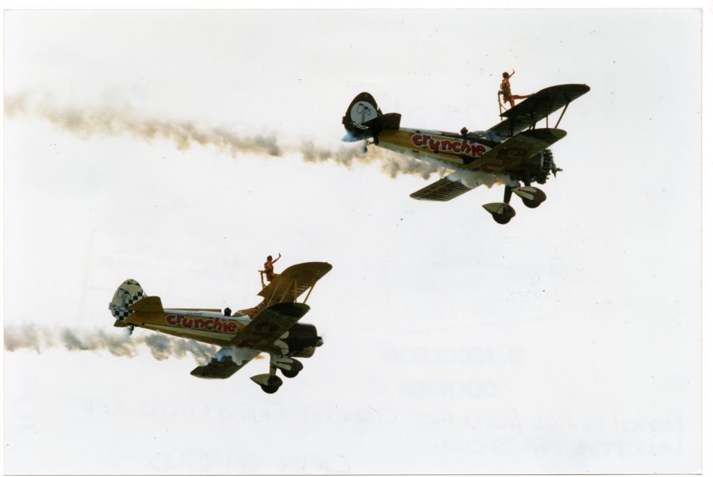 Aerial antics from the Crunchie Flying Circus wing walkers at RAF Leuchars airshow.  12 September 1998.
