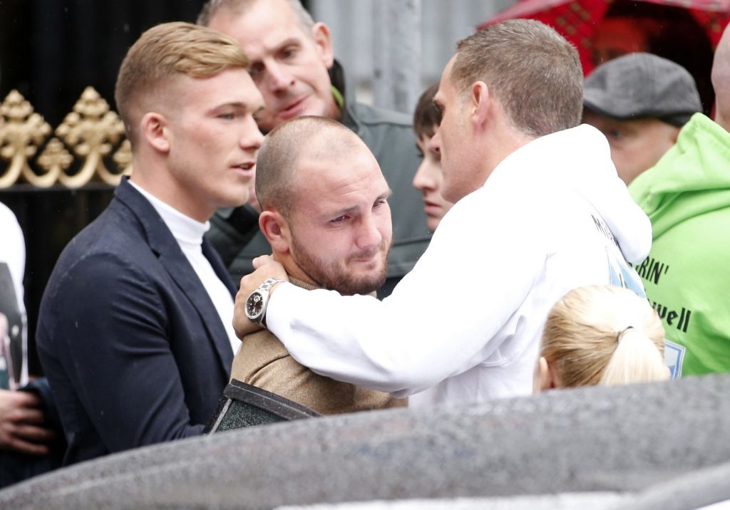 Boxers Nick Blackwell (left) and  Dale Evans (centre) during the funeral of boxer Mike Towell.