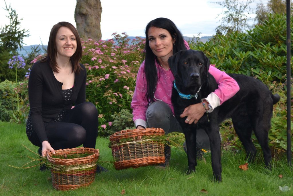 Ta da! Gayle and Paula with the finished baskets (and Gayle's dog Toby).