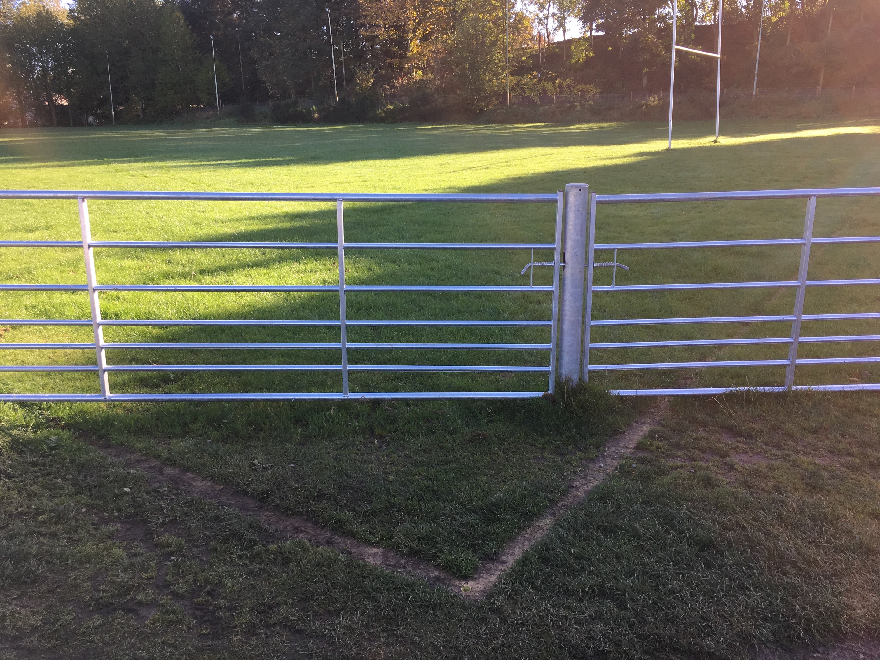 The gate which cuts across the rugby pitch at Inchmacoble Park