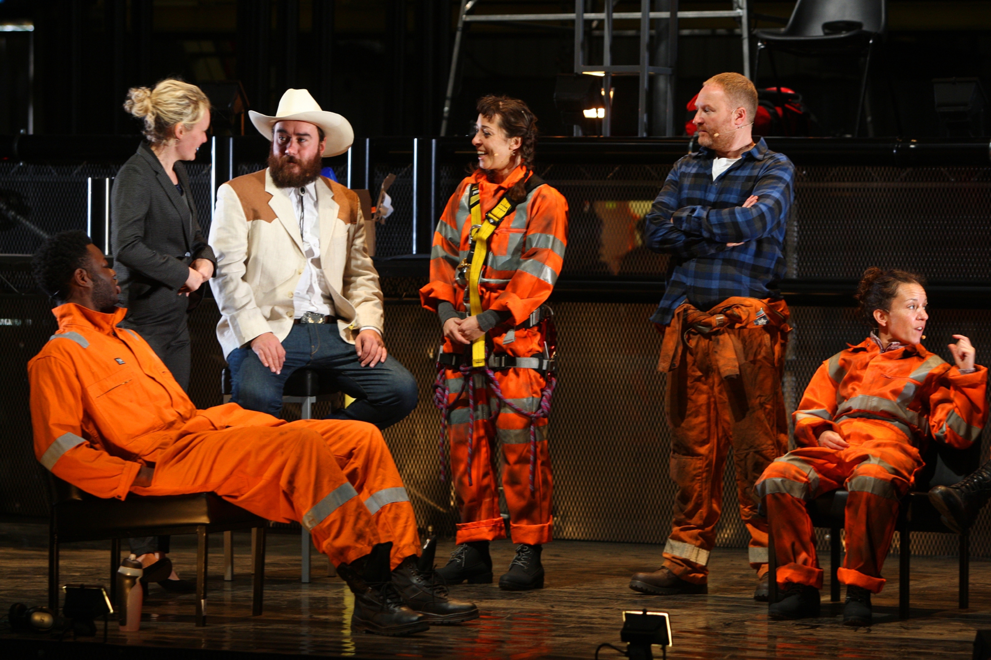 The cast and crew of Crude during rehearsals in Shed 36.
