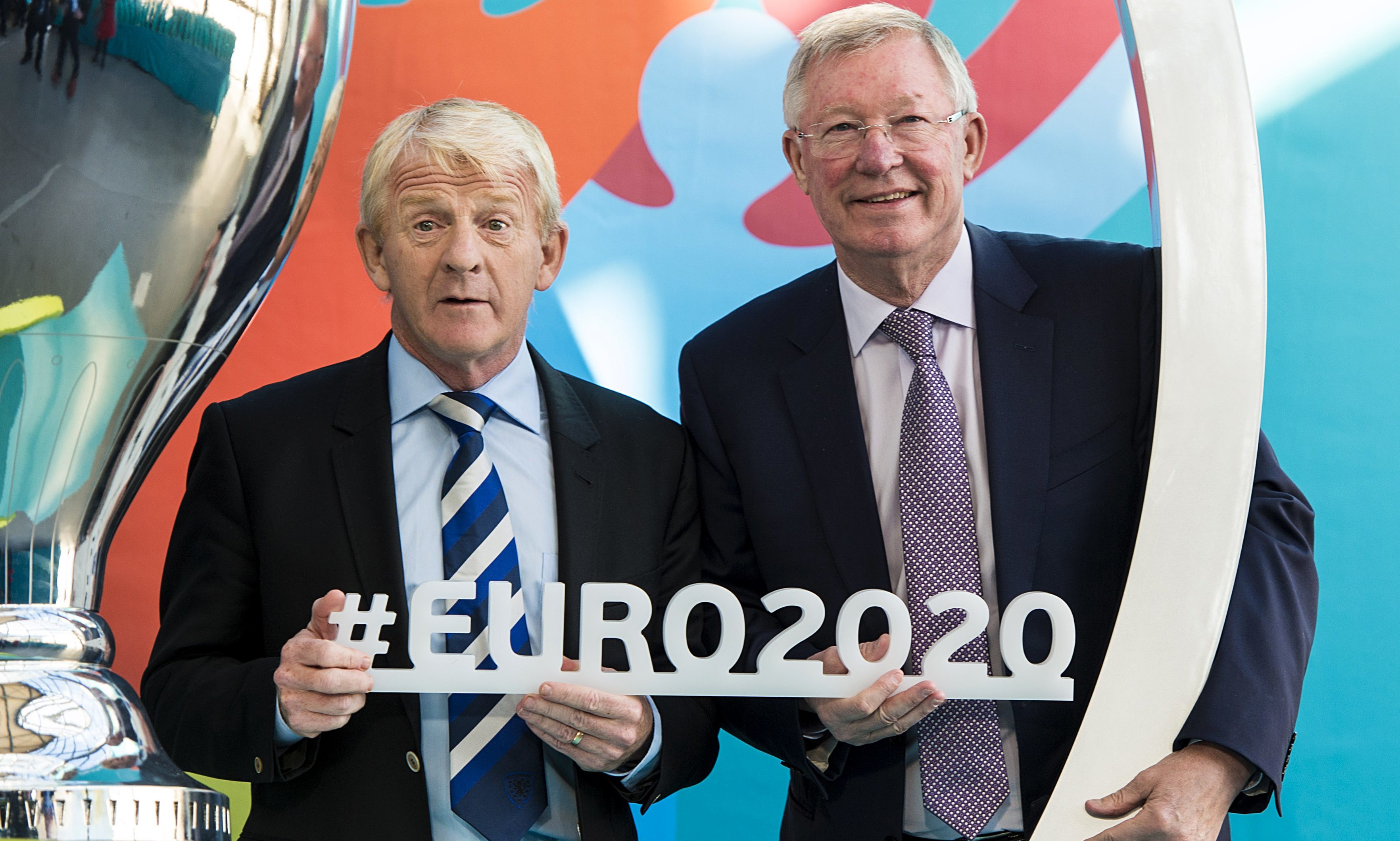 Scotland manager Gordon Strachan (L) and Sir Alex Ferguson at the Glasgow 2020 logo launch.