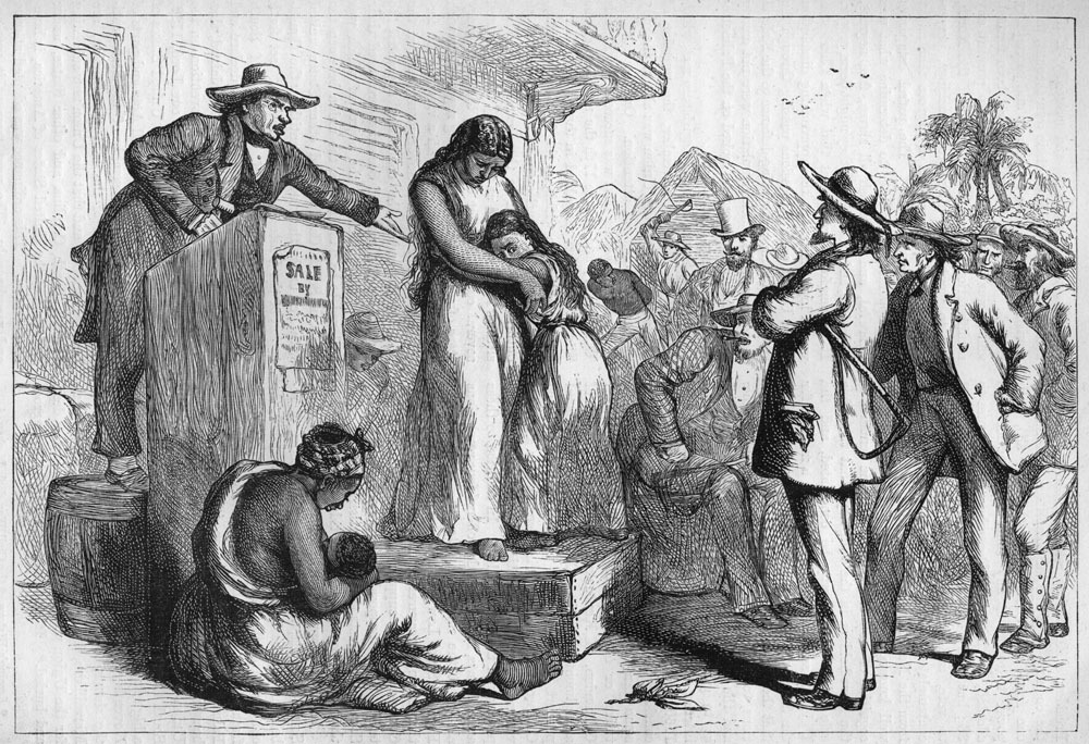 A slave auction in the mid-19th century Deep South shows an enslaved mother and her daughter on the auction block and another enslaved mother with infant waiting to be sold.