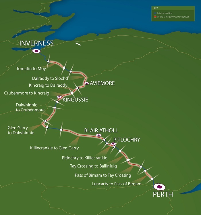 A graphic of the A9 dualling project between Perth and Inverness.