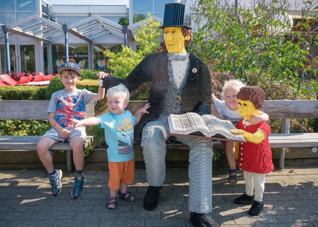 Oscar, Alex and Dylan with Hans Christian Andersen at Legoland Billund. 