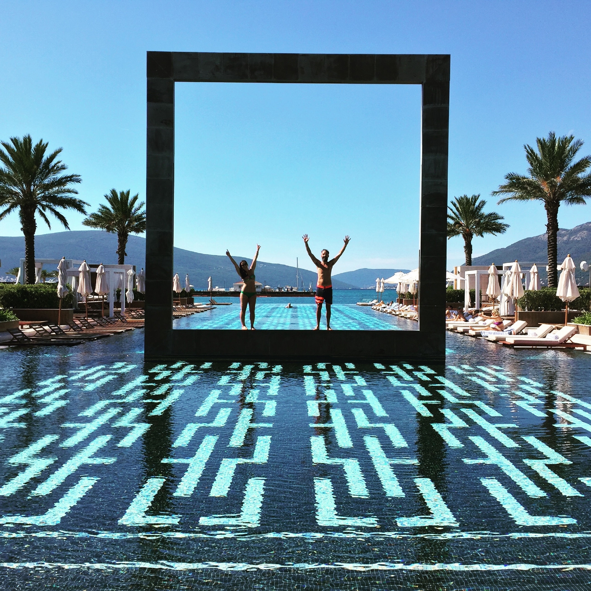 Jade (left) in the pool at the Porto Montenegro Yacht Club.
