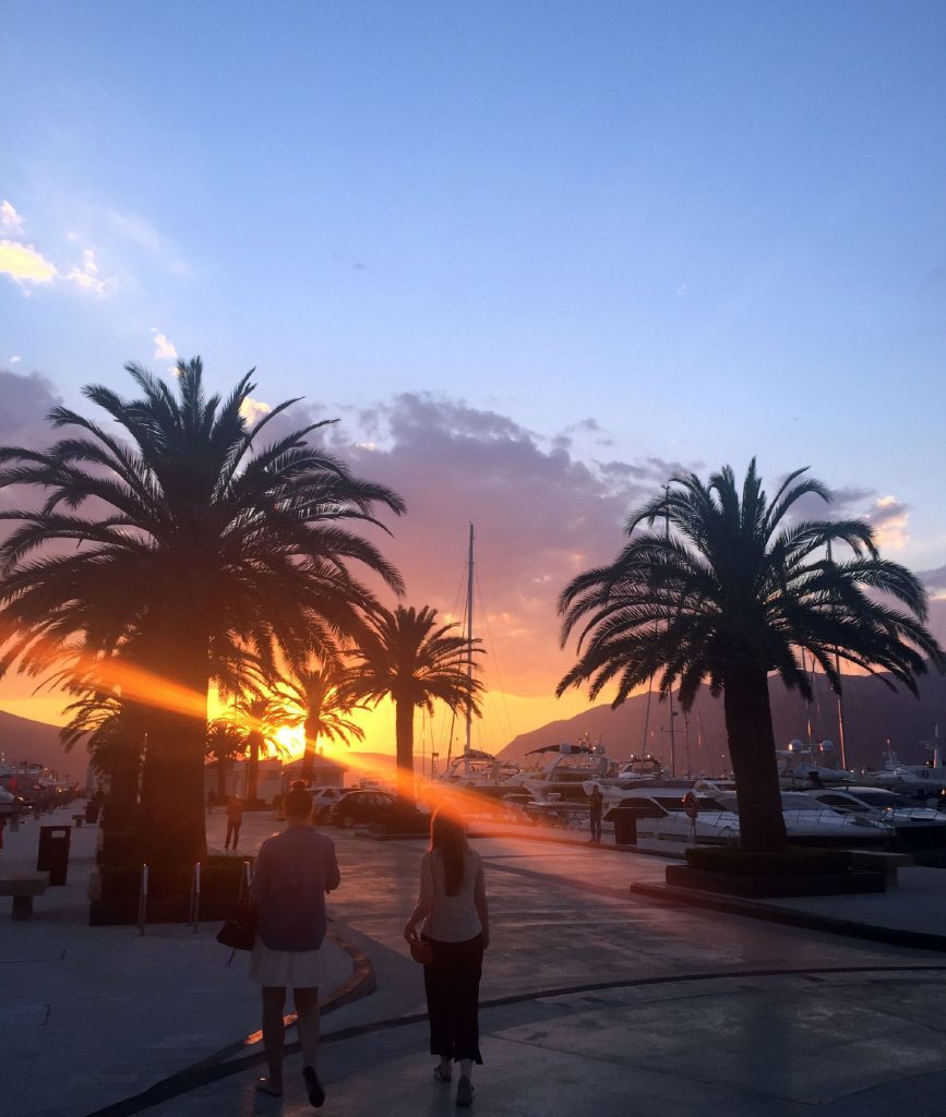 Photo of a view of sunset from the jetty at Porto Montenegro. 