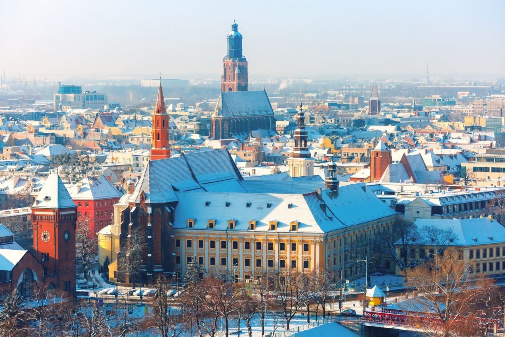 Photo of an aerial view of Old Town with St. Elizabeth's Church from Cathedral of St. John in the winter morning in Wroclaw, Poland.