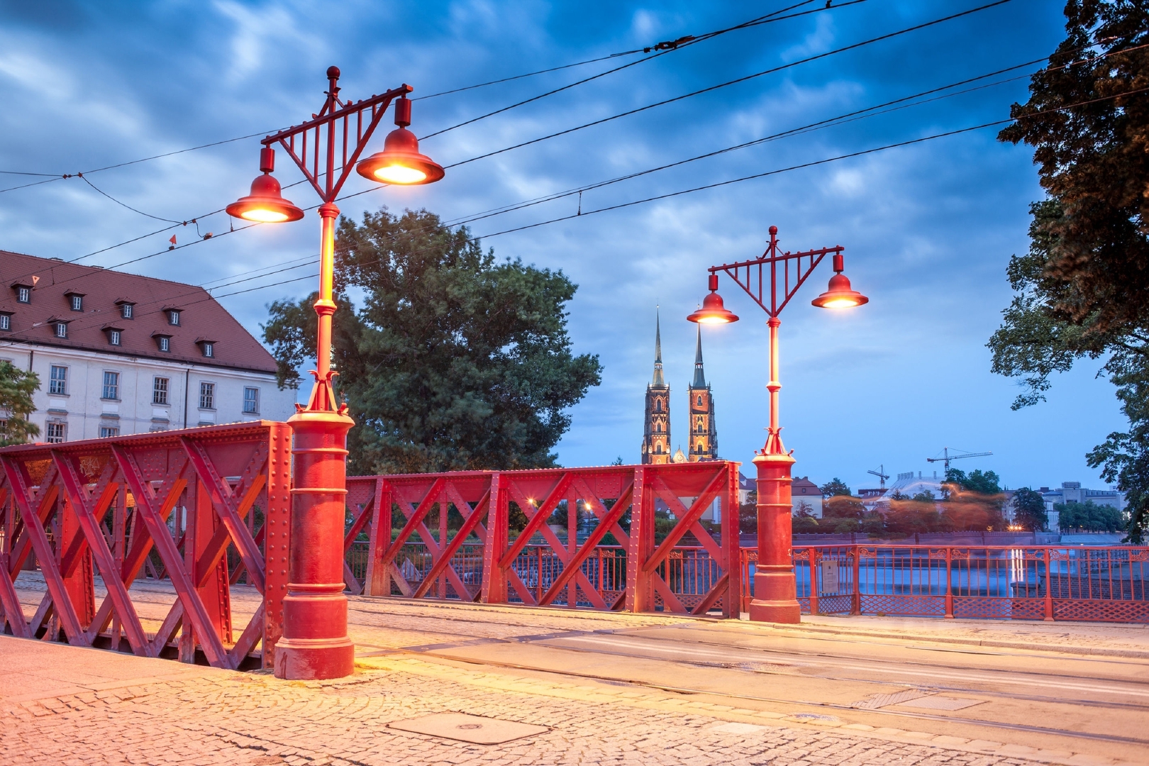 Sand Bridge (Most Piaskowy) over the Odra river and Cathedral, Wroclaw, Poland.