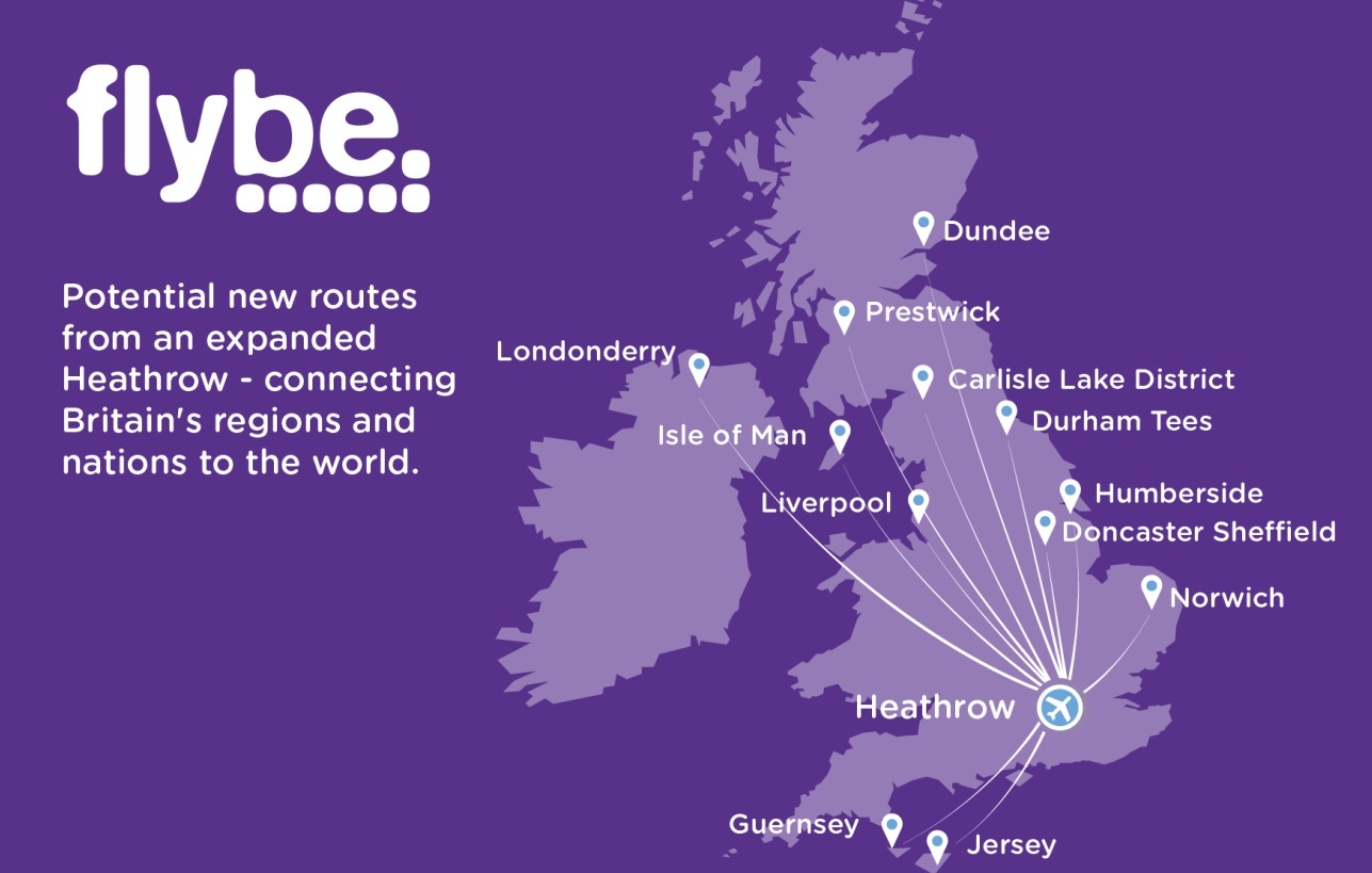 Flybe is considering 12 new routes from Heathrow if a third runway is built.