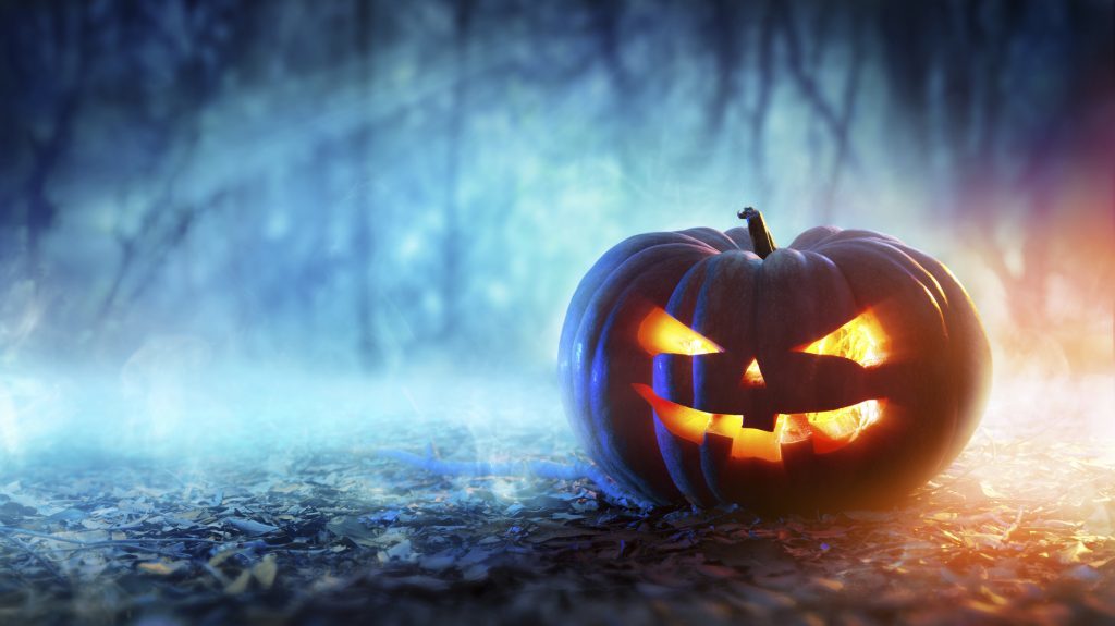 Halloween Pumpkin In A Mystic Forest At Night