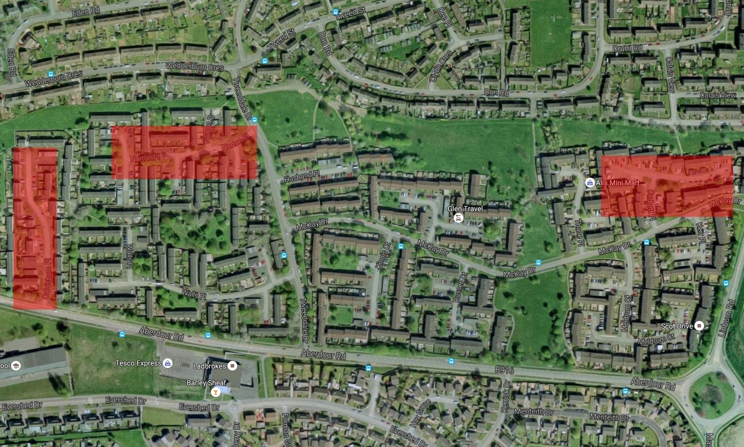 The incidents happened in  Calaisburn Place, Norton Place and Corbett Place (all highlighted in red).