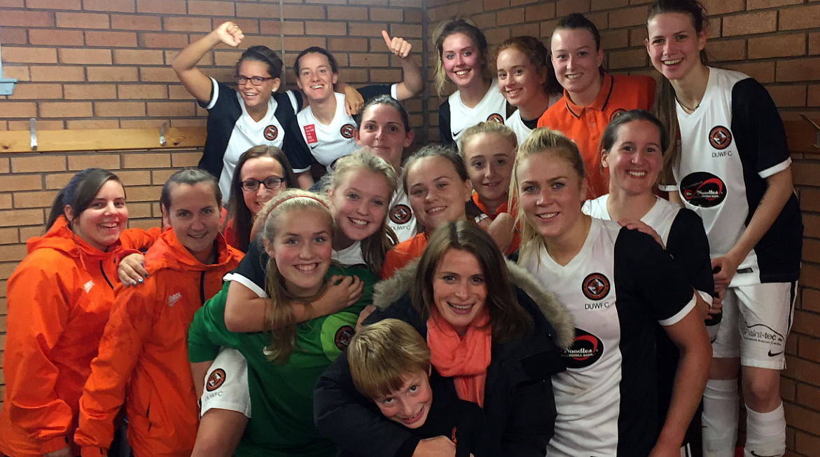 Dundee United women celebrate their league win.