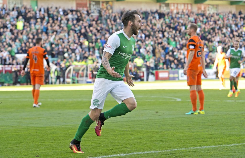 Hibs' James Keatings celebrates putting his side ahead aginst Dundee United at Easter Road in October