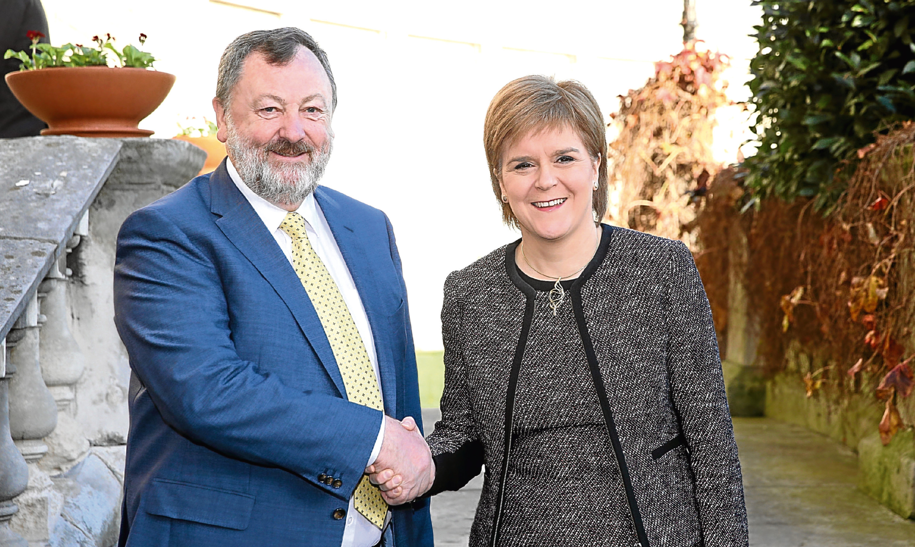 Irish politician Denis ODonovan greets First Minister Nicola Sturgeon at Leinster House, Dublin, where she was due to address the Seanad as part of her two-day visit to Ireland.