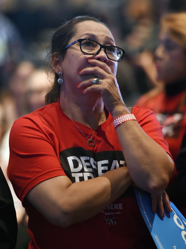 Hillary Clinton supporter Irayda Torrez reacts as she watches the presidential election swing in favour of Donald Trump at the Nevada Democratic Party's election results watch party 