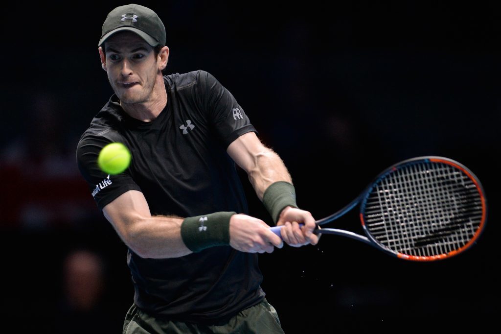 LONDON, ENGLAND - NOVEMBER 20: Andy Murray of Great Britain hits a backhand during the Singles Final against Novak Djokovic of Serbia at the O2 Arena on November 20, 2016 in London, England. (Photo by Justin Setterfield/Getty Images)