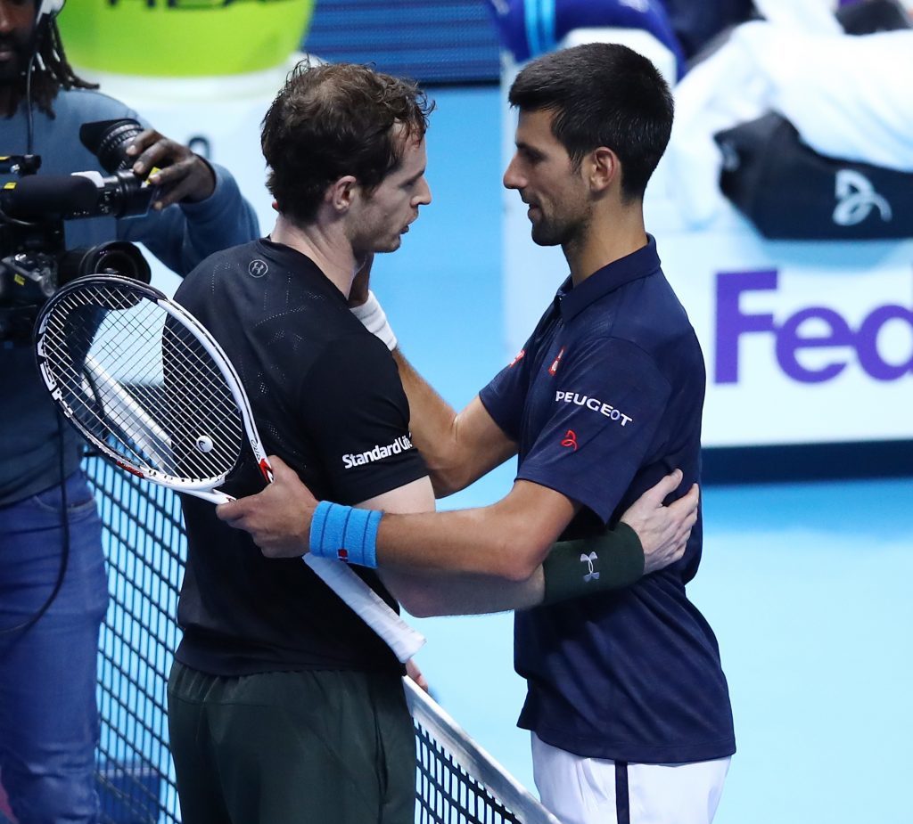 LONDON, ENGLAND - NOVEMBER 20: Champion Andy Murray of Great Britain is congratulated by Novak Djokovic of Serbia following the Singles Final against Novak Djokovic of Serbia at the O2 Arena on November 20, 2016 in London, England. (Photo by Clive Brunskill/Getty Images)