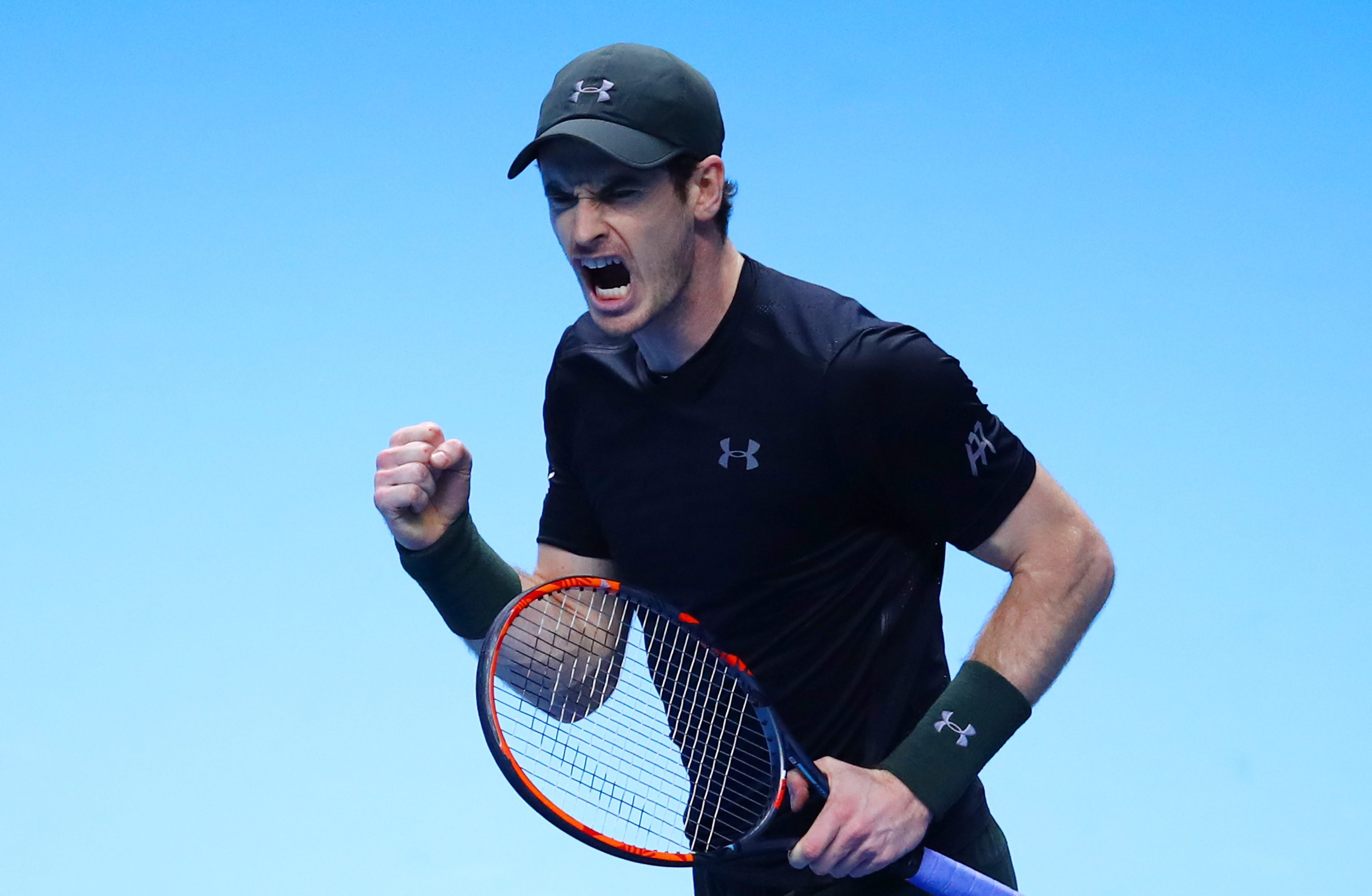 Andy Murray celebrates a point during the Singles Final against Novak Djokovic of Serbia at the O2 Arena on November 20, 2016 in London, England.