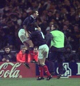 Don Hutchison celebrates his 1999 Wembley goal with Scotland team-mate Craig Burley.