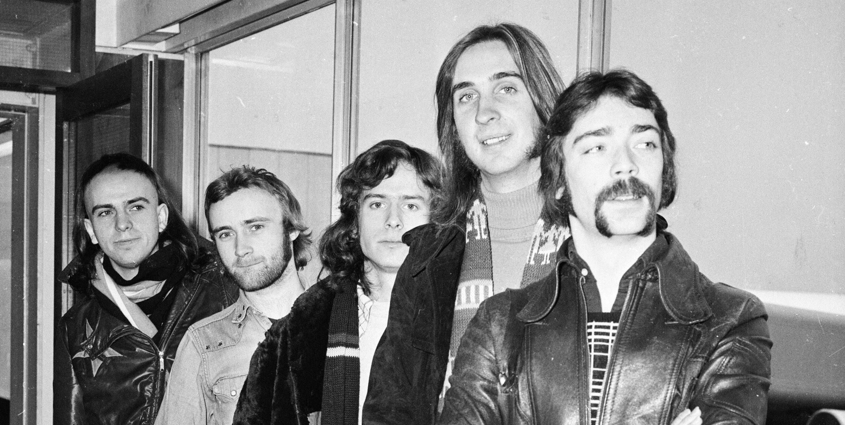 Genesis, (from left) Peter Gabriel, Phil Collins, Tony Banks, Mike Rutherford and Steve Hackett at London Airport in 1974.