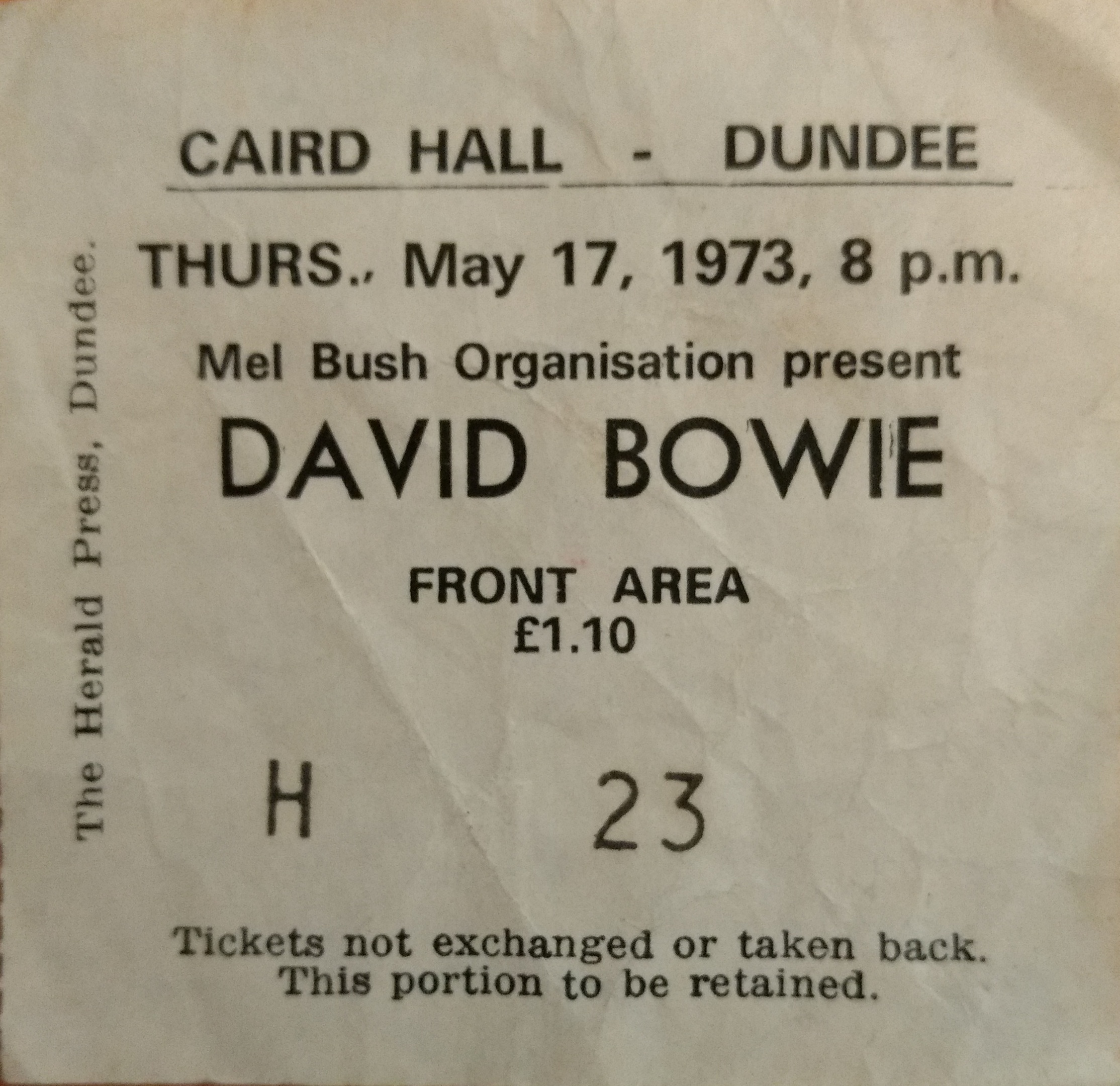 David Bowie Dundee concert ticket (private collection).