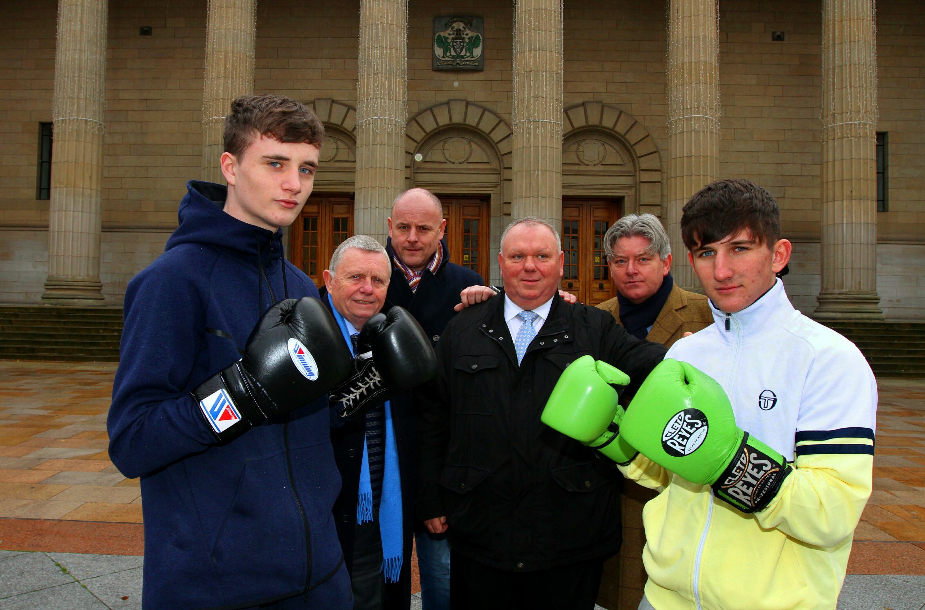 Evening Telegraph News-Caird hall boxing,picture shows, at the launch of the Scotland v England boxing match at Caird Hall Dundee raising funds in the name of Mike Towell are boxers Sam Hickey and Charlie Doig ( who will be fighting on the night), Joe Duffy (St Francis boxing club),Darren Hickey ( lochee boys boxing club), Jimmy Marr, and Sean McMahon (both St Francis boxing club), wednesday 9th november.