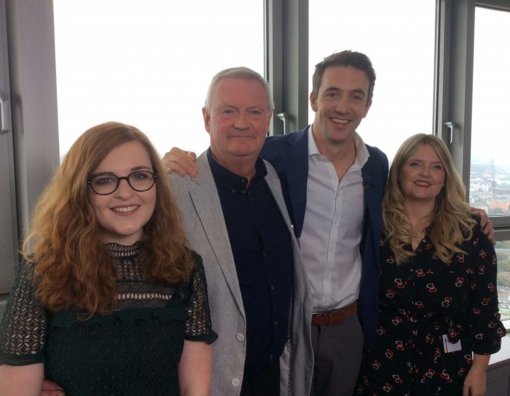 One Show presenter Joe Crowley (second right) with the new voice of BT's speaking clock service Alan Steadman alongside fellow finalists Crea Barton (left) and Verity Giles.