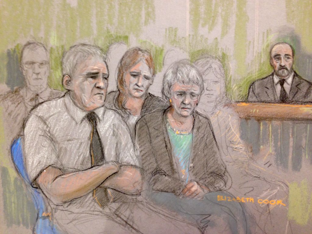A sketch of the family of Jo Cox, father Gordon Leadbeater (left), sister Kim (centre, rear) and mother Jean (right) at the Old Bailey.
