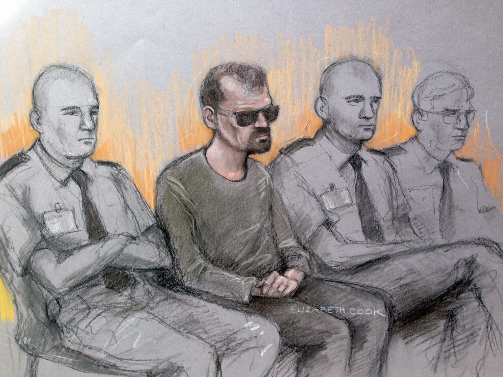 A court sketch of Stefano Brizzi in the dock at the Old Bailey.