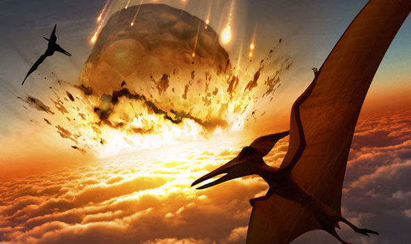 Artist impression of asteroid striking Earth at time of the dinosaurs